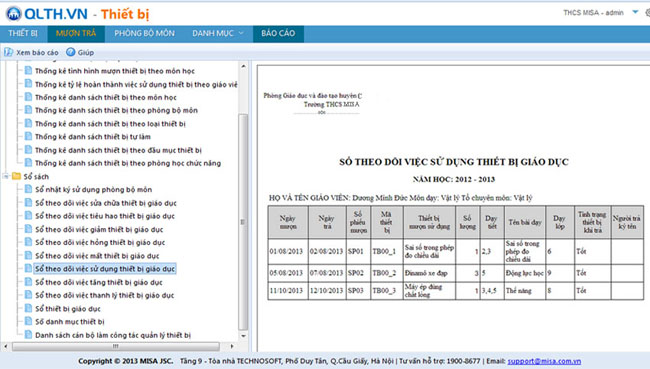 Quản lý thiết bị giáo dục trên QLTH.VN