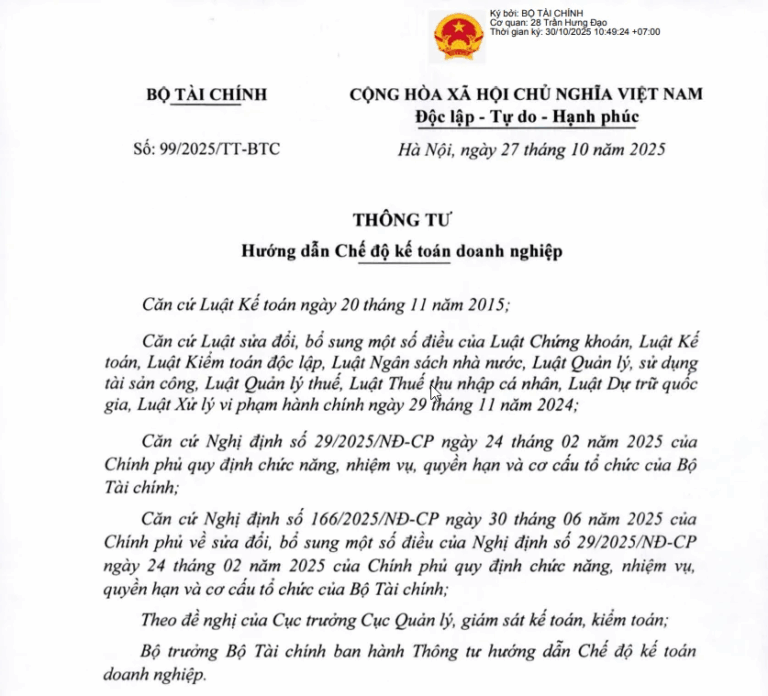 [CHÍNH THỨC] THÔNG TƯ 99/2025/TT-BTC THAY THẾ THÔNG TƯ 200/2014/TT-BTC VỀ CHẾ ĐỘ KẾ TOÁN DOANH NGHIỆP.