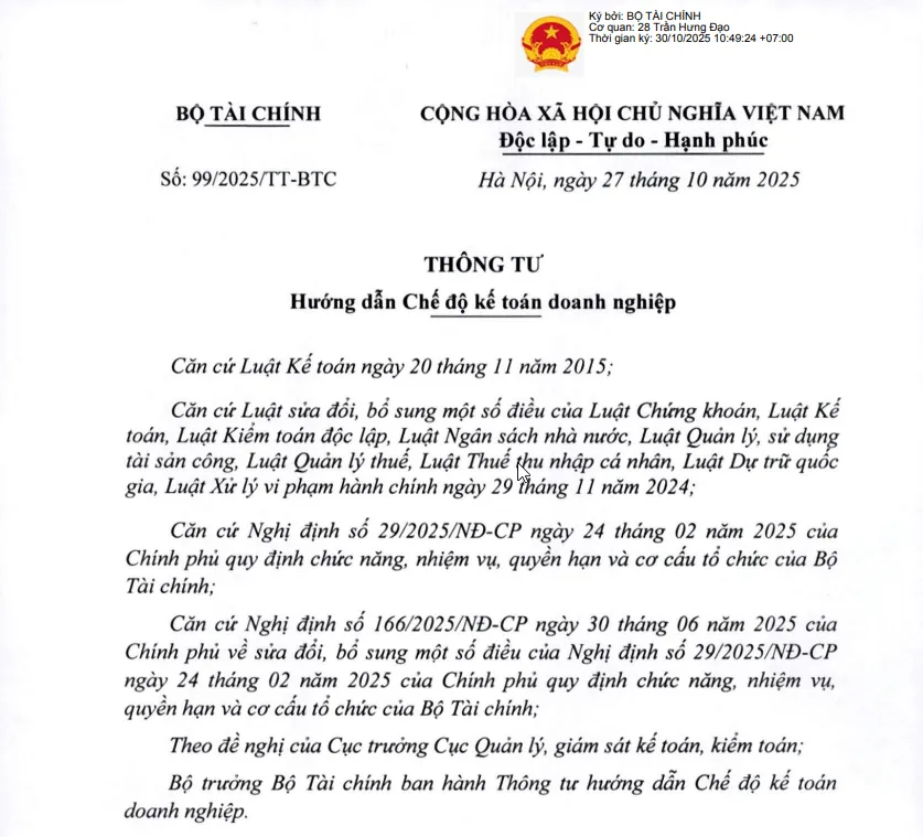 [CHÍNH THỨC] THÔNG TƯ 99/2025/TT-BTC THAY THẾ THÔNG TƯ 200/2014/TT-BTC VỀ CHẾ ĐỘ KẾ TOÁN DOANH NGHIỆP.