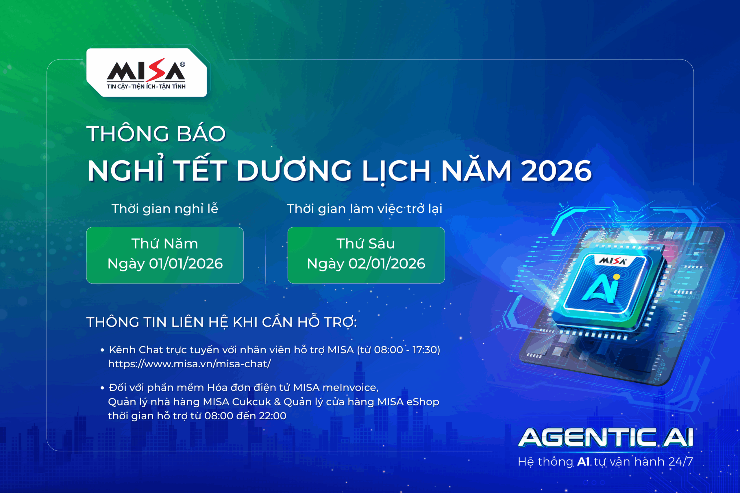 Tập đoàn MISA thông báo nghỉ Tết Dương lịch năm 2026
